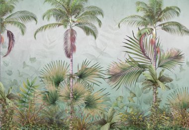 Sisli orman duvar kağıdı tasarımında tropikal ağaçlar ve yapraklar - 3 boyutlu illüstrasyon