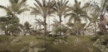 Sisli orman duvar kağıdı tasarımında tropikal ağaçlar ve yapraklar - 3 boyutlu illüstrasyon