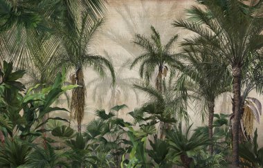 Sisli orman duvar kağıdı tasarımında tropikal ağaçlar ve yapraklar - 3 boyutlu illüstrasyon