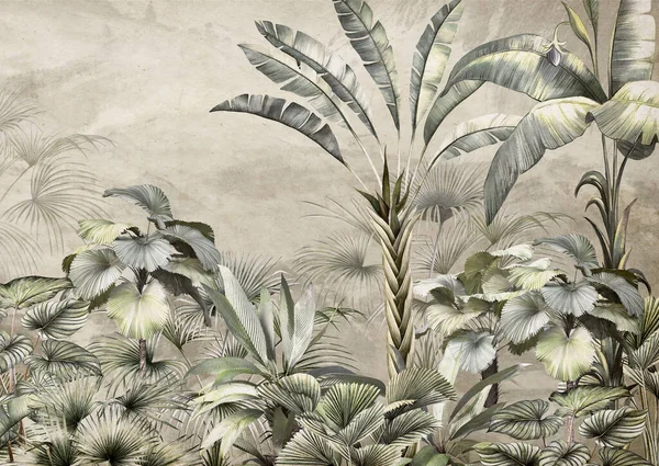 tropical trees and leaves in foggy forest wallpaper design - 3D illustration
