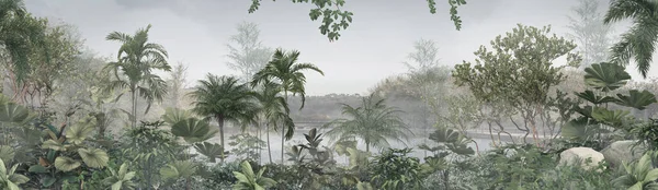 Tropische Bomen Bladeren Mistige Bos Behang Ontwerp Illustratie — Stockfoto