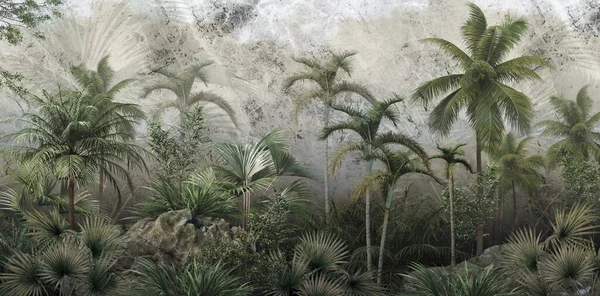 Árboles Tropicales Hojas Diseño Fondo Pantalla Bosque Brumoso Ilustración — Foto de Stock