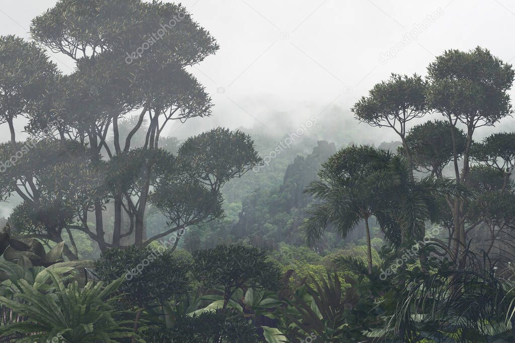 tropical trees and leaves in foggy forest wallpaper design - 3D illustration