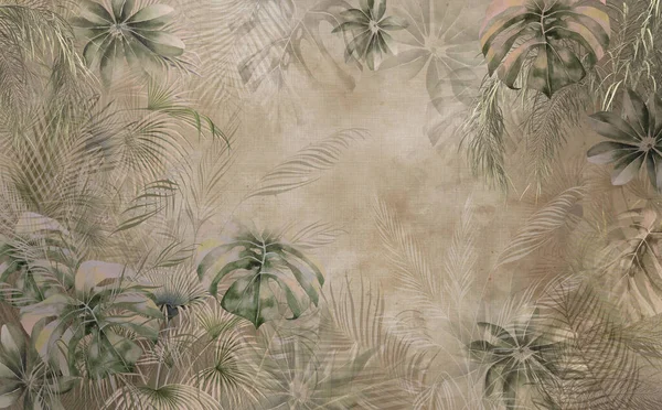 雾蒙蒙的森林壁纸图案中的热带树木和树叶 3D插图 — 图库照片