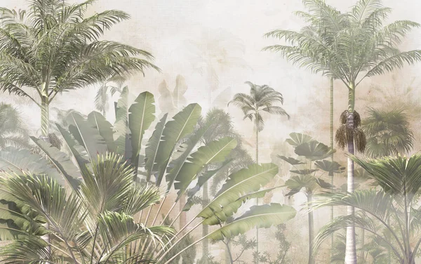 tropical trees and leaves in foggy forest wallpaper design - 3D illustration