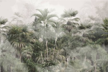 Sisli orman duvar kağıdı tasarımında tropikal ağaçlar ve yapraklar - 3 boyutlu illüstrasyon