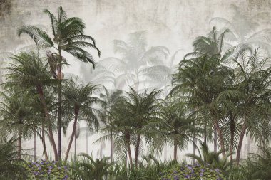 Sisli orman duvar kağıdı tasarımında tropikal ağaçlar ve yapraklar - 3 boyutlu illüstrasyon