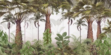 Sisli orman duvar kağıdı tasarımında tropikal ağaçlar ve yapraklar - 3 boyutlu illüstrasyon