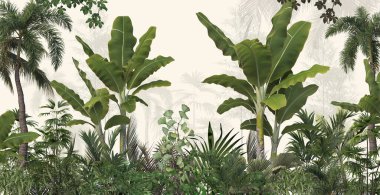 Sisli orman duvar kağıdı tasarımında tropikal ağaçlar ve yapraklar - 3 boyutlu illüstrasyon