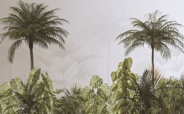 Sisli orman duvar kağıdı tasarımında tropikal ağaçlar ve yapraklar - 3 boyutlu illüstrasyon