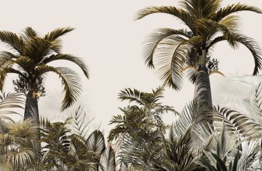 Sisli orman duvar kağıdı tasarımında tropikal ağaçlar ve yapraklar - 3 boyutlu illüstrasyon