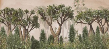 Dijital baskı duvar kağıdı için tropikal ağaç ve yapraklar, özel tasarım duvar kağıdı - 3D illüstrasyon