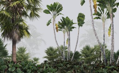 Dijital baskı duvar kağıdı için tropikal ağaç ve yapraklar, özel tasarım duvar kağıdı - 3D illüstrasyon