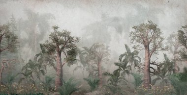 Dijital baskı duvar kağıdı için tropikal ağaç ve yapraklar, özel tasarım duvar kağıdı - 3D illüstrasyon