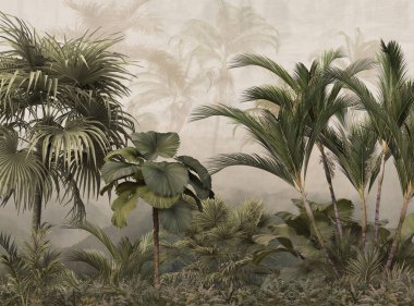 Dijital baskı duvar kağıdı için tropikal ağaç ve yapraklar, özel tasarım duvar kağıdı - 3D illüstrasyon