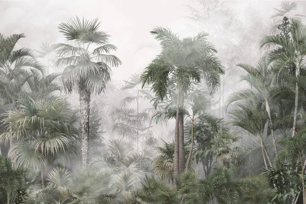 Alberi Tropicali Foglie Nebbia Foresta Disegno Carta Parati Illustrazione — Foto Stock