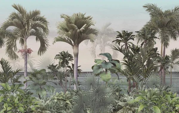 Tropiska Träd Och Blad Dimmig Skog Tapet Design Illustration — Stockfoto