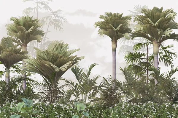 Tropické Stromy Listy Mlhavém Lesním Designu Tapet Ilustrace — Stock fotografie
