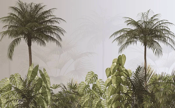 Tropical Trees Leaves Foggy Forest Wallpaper Design Illustration — Stock Photo, Image