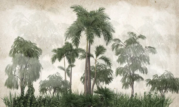 Tropical Trees Leaves Digital Printing Wallpaper Custom Design Wallpaper Illustration — Stock Photo, Image