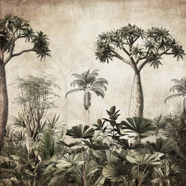热带树木和树叶用于数码印刷墙纸 定制设计墙纸 3D插图 — 图库照片