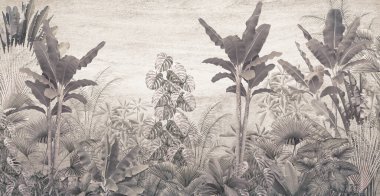 Dijital baskı duvar kağıdı için tropikal ağaç ve yapraklar, özel tasarım duvar kağıdı - 3D illüstrasyon