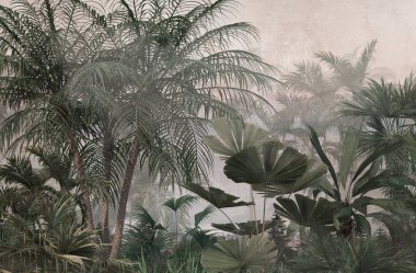 Dijital baskı duvar kağıdı için tropikal ağaç ve yapraklar, özel tasarım duvar kağıdı - 3D illüstrasyon