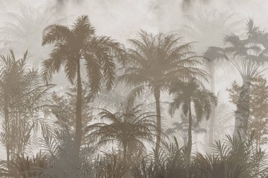 Dijital baskı duvar kağıdı için tropikal ağaç ve yapraklar, özel tasarım duvar kağıdı - 3D illüstrasyon