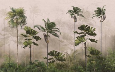 Dijital baskı duvar kağıdı için tropikal ağaç ve yapraklar, özel tasarım duvar kağıdı - 3D illüstrasyon