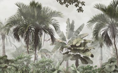 Dijital baskı duvar kağıdı için tropikal ağaç ve yapraklar, özel tasarım duvar kağıdı - 3D illüstrasyon