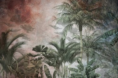 Dijital baskı duvar kağıdı için tropikal ağaç ve yapraklar, özel tasarım duvar kağıdı - 3D illüstrasyon