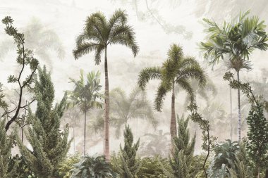 Dijital baskı duvar kağıdı için tropikal ağaç ve yapraklar, özel tasarım duvar kağıdı - 3D illüstrasyon