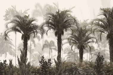 Dijital baskı duvar kağıdı için tropikal ağaç ve yapraklar, özel tasarım duvar kağıdı - 3D illüstrasyon