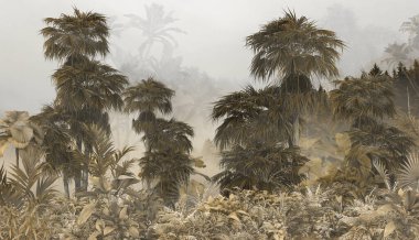 Dijital baskı duvar kağıdı için tropikal ağaç ve yapraklar, özel tasarım duvar kağıdı - 3D illüstrasyon