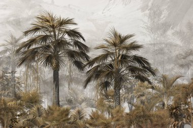 Dijital baskı duvar kağıdı için tropikal ağaç ve yapraklar, özel tasarım duvar kağıdı - 3D illüstrasyon