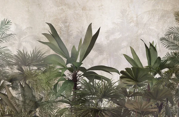 Dijital baskı duvar kağıdı için tropikal ağaç ve yapraklar, özel tasarım duvar kağıdı - 3D illüstrasyon