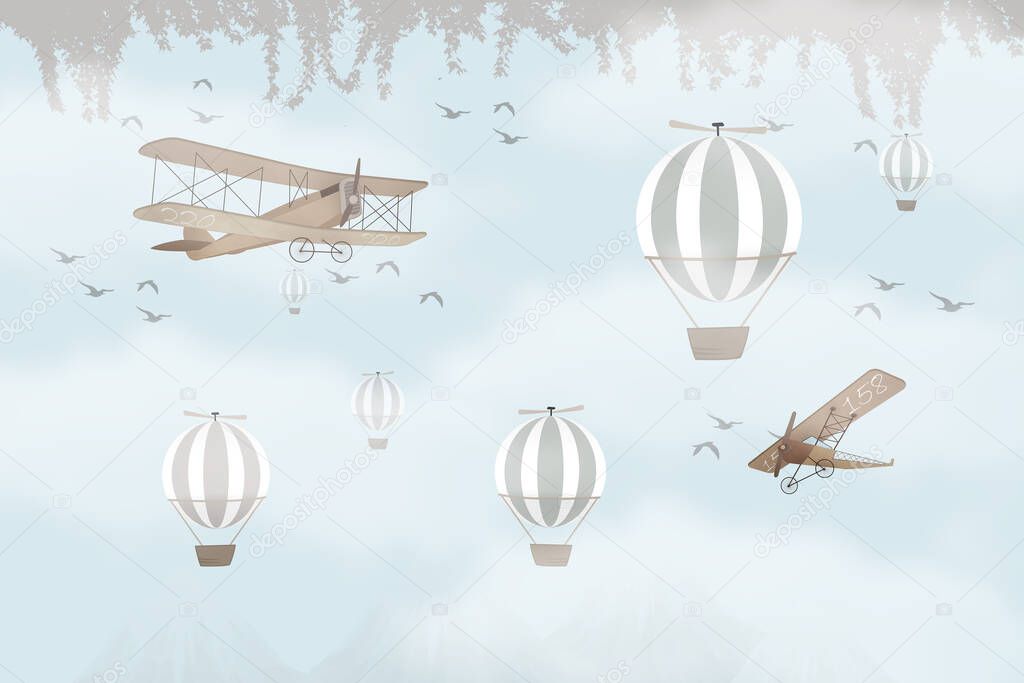 Hot air balloons and biplanes child room wallpaper