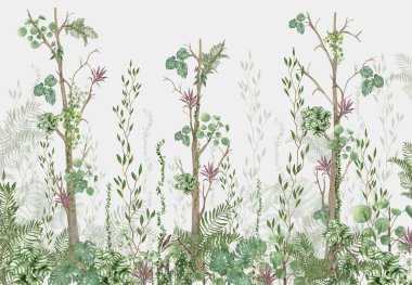 Dijital baskı duvar kağıdı için tropikal ağaç ve yapraklar, özel tasarım duvar kağıdı - 3D illüstrasyon