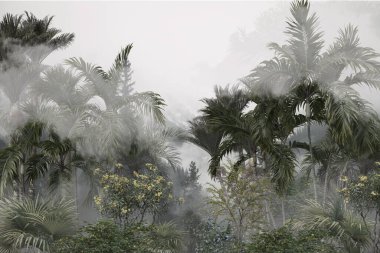 Sisli orman duvar kağıdı tasarımında tropikal ağaçlar ve yapraklar - 3 boyutlu illüstrasyon