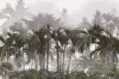 Sisli orman duvar kağıdı tasarımında tropikal ağaçlar ve yapraklar - 3 boyutlu illüstrasyon