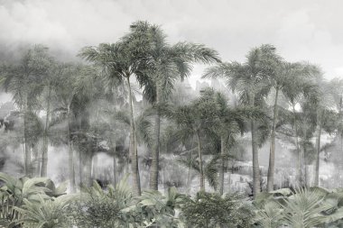 Sisli orman duvar kağıdı tasarımında tropikal ağaçlar ve yapraklar - 3 boyutlu illüstrasyon