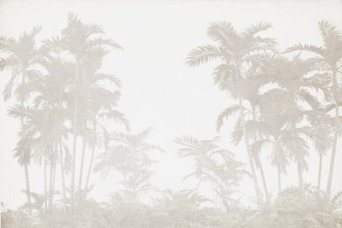 Sisli orman duvar kağıdı tasarımında tropikal ağaçlar ve yapraklar - 3 boyutlu illüstrasyon