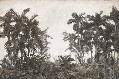 Sisli orman duvar kağıdı tasarımında tropikal ağaçlar ve yapraklar - 3 boyutlu illüstrasyon