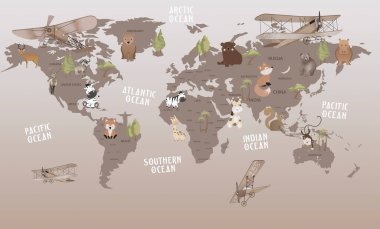 hayvanlar için dünya haritası çocuklar için duvar kağıdı tasarımı