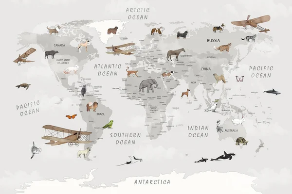 animals world map for kids wallpaper design