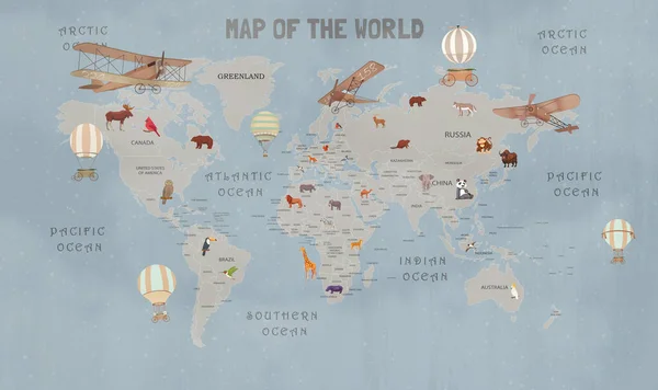 animals world map for kids wallpaper design