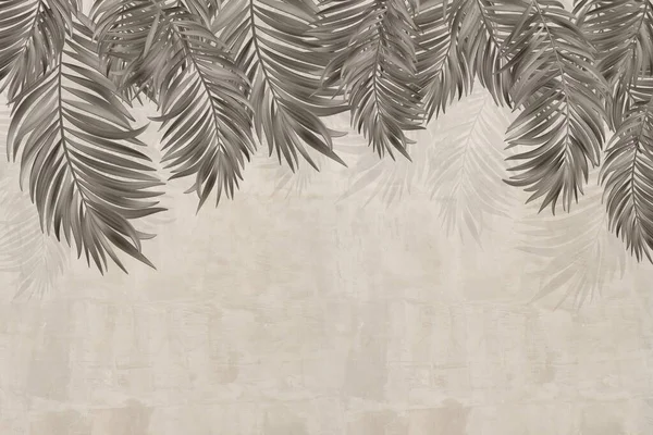 tropical trees and leaves in foggy forest wallpaper design - 3D illustration