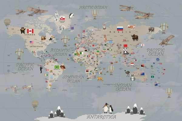 animals world map for kids wallpaper design
