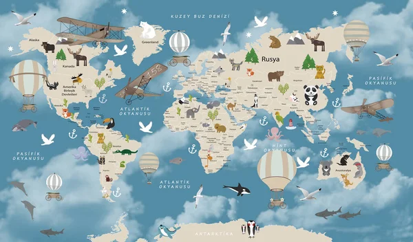 Animali Mappa Del Mondo Bambini Wallpaper Design — Foto Stock