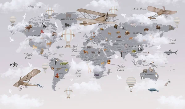 Animais Mapa Mundo Para Crianças Wallpaper Design — Fotografia de Stock